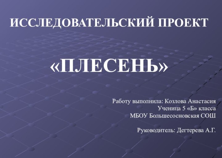 ИССЛЕДОВАТЕЛЬСКИЙ ПРОЕКТ  «ПЛЕСЕНЬ»Работу выполнила: Козлова АнастасияУченица 5 «Б» классаМБОУ Большесосновская СОШ Руководитель: Дегтерева А.Г.