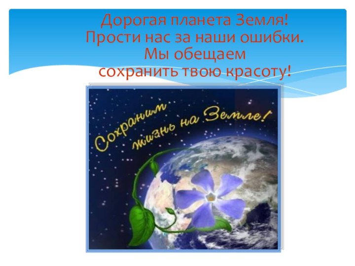 Дорогая планета Земля!  Прости нас за наши ошибки.  Мы обещаем  сохранить твою красоту!