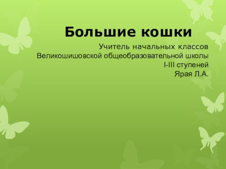 Учитель начальных классов Великошишовской общеобразовательной школы I-III ступеней  Ярая Л.А. Большие кошки