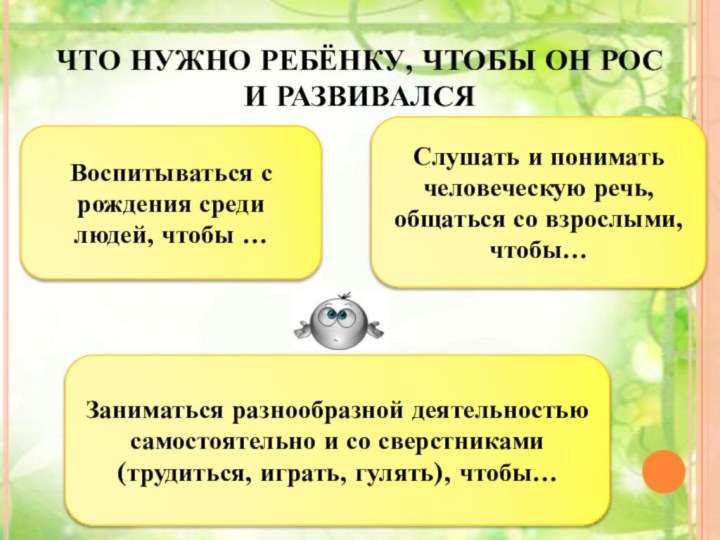 ЧТО НУЖНО РЕБЁНКУ, ЧТОБЫ ОН РОС И РАЗВИВАЛСЯВоспитываться с рождения среди людей,