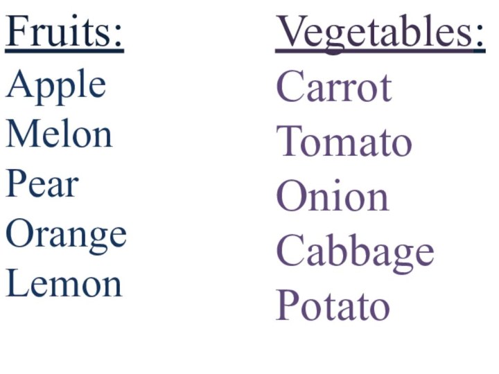 Fruits:AppleMelonPearOrangeLemonVegetables:CarrotTomatoOnionCabbagePotato