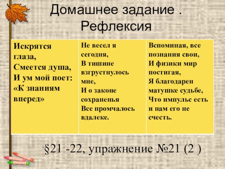 Домашнее задание .Рефлексия §21 -22, упражнение №21 (2 )