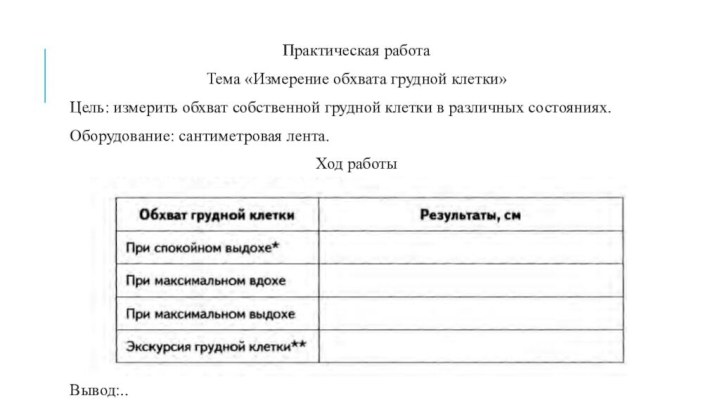 Практическая работаТема «Измерение обхвата грудной клетки»Цель: измерить обхват собственной грудной клетки в