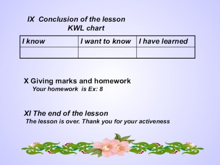 IX Conclusion of the lesson KWL chartX Giving marks and homework