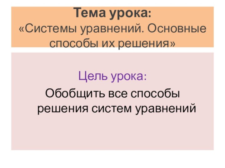 Тема урока:  «Системы уравнений. Основные способы их решения»Цель урока: Обобщить все