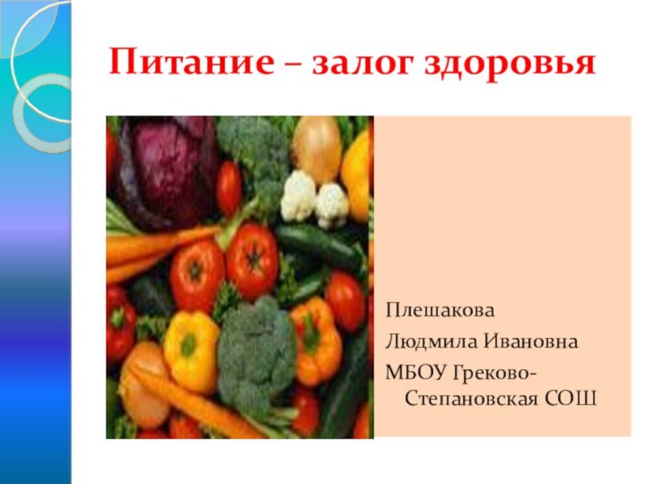 Питание – залог здоровьяПлешакова Людмила ИвановнаМБОУ Греково-Степановская СОШ