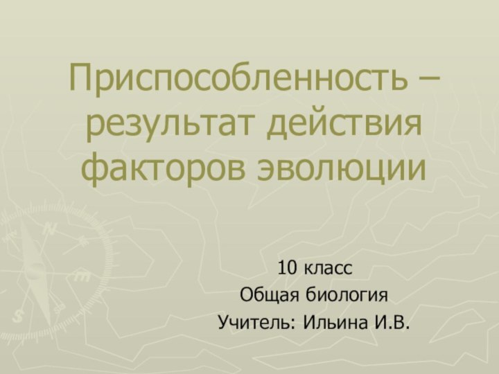 Приспособленность – результат действия факторов эволюции10 классОбщая биологияУчитель: Ильина И.В.