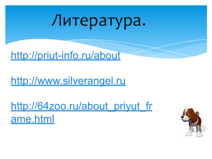 Литература. http://priut-info.ru/about http://www.silverangel.ruhttp://64zoo.ru/about_priyut_frame.html 