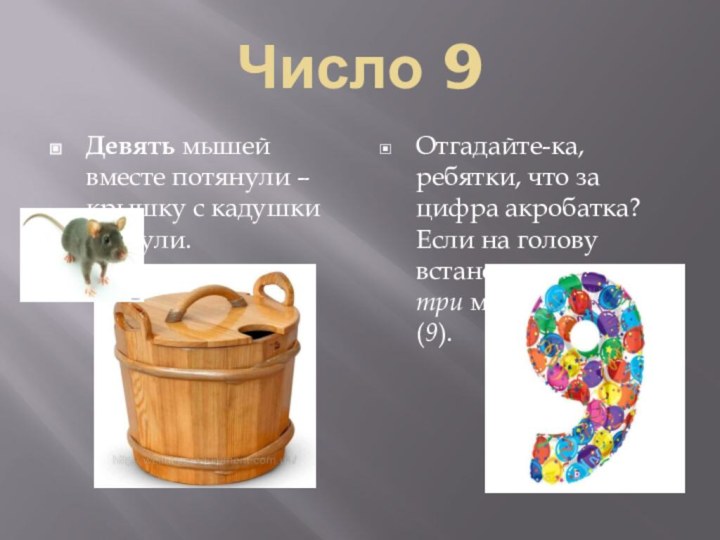 Число 9Девять мышей вместе потянули – крышку с кадушки стянули.Отгадайте-ка, ребятки, что за