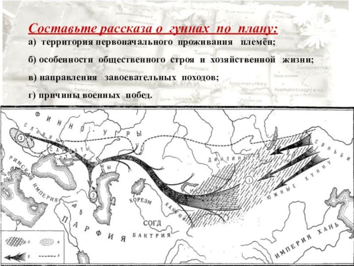 Составьте рассказа о гуннах по плану: а) территория первоначального проживания  племён;б)