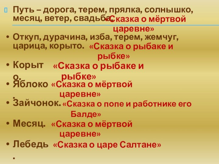 Путь – дорога, терем, прялка, солнышко, месяц, ветер, свадьба.«Сказка о мёртвой царевне»Откуп,