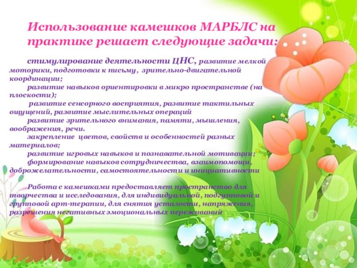 Использование камешков МАРБЛС на практике решает следующие задачи:	стимулирование деятельности ЦНС, развитие мелкой