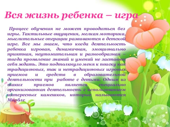 Вся жизнь ребенка – игра Процесс обучения не может проводиться без игры.