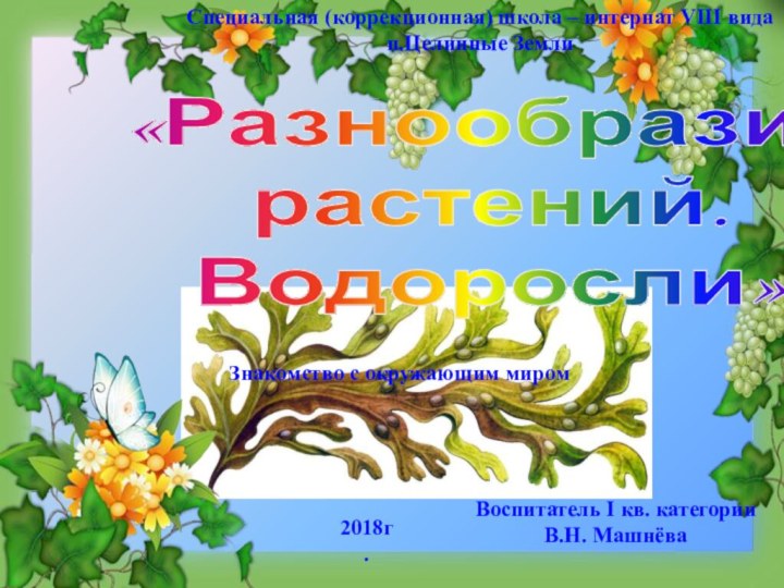 Специальная (коррекционная) школа – интернат VIII видап.Целинные Земли«Разнообразиерастений.Водоросли»Воспитатель I кв. категорииВ.Н. Машнёва2018г.Знакомство с окружающим миром