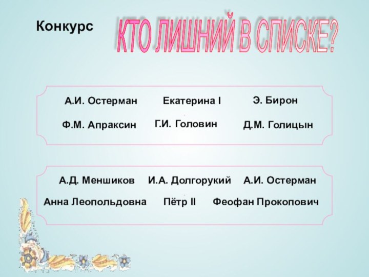 КонкурсКТО ЛИШНИЙ В СПИСКЕ? А.И. ОстерманЕкатерина IЭ. БиронФ.М. АпраксинГ.И. ГоловинД.М. ГолицынПётр IIИ.А.