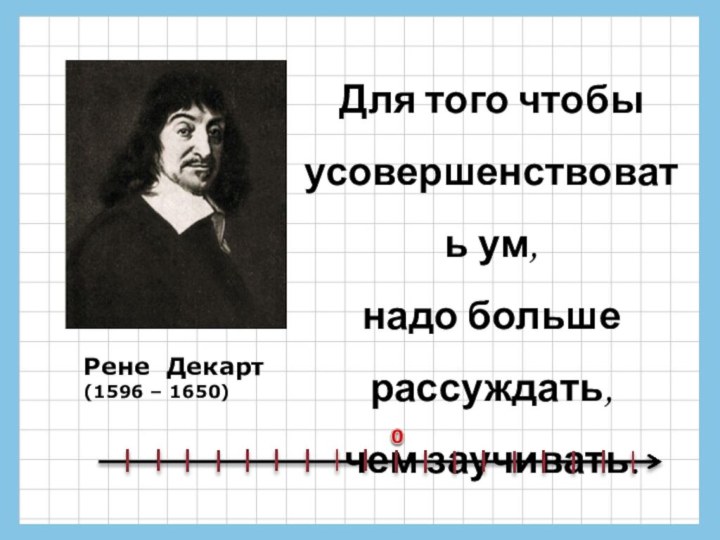 Для того чтобы усовершенствовать ум, надо больше рассуждать, чем заучивать.Рене Декарт(1596 – 1650)