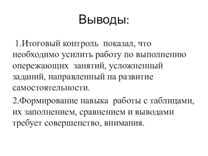 Выводы: 1.Итоговый контроль показал, что необходимо усилить работу по выполнению опережающих занятий,