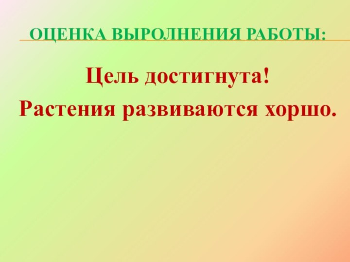 ОЦЕНКА ВЫРОЛНЕНИЯ РАБОТЫ: Цель достигнута! Растения развиваются хоршо.