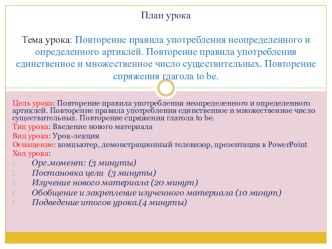 Презентация по английскому языку на тему Повторение правила употребления неопределенного и определенного артиклей. Повторение правила употребления единственное и множественное число существительных. Повторение спряжения глагола to be.