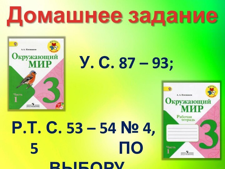 Домашнее заданиеУ. с. 87 – 93;Р.т. с. 53 – 54 № 4,