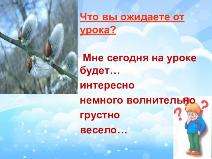 Что вы ожидаете от урока? Мне сегодня на уроке будет…интереснонемного волнительногрустновесело…