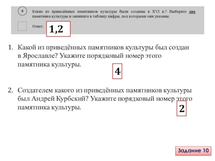 1,2Какой из приведённых памятников культуры был создан в Ярославле? Укажите порядковый номер