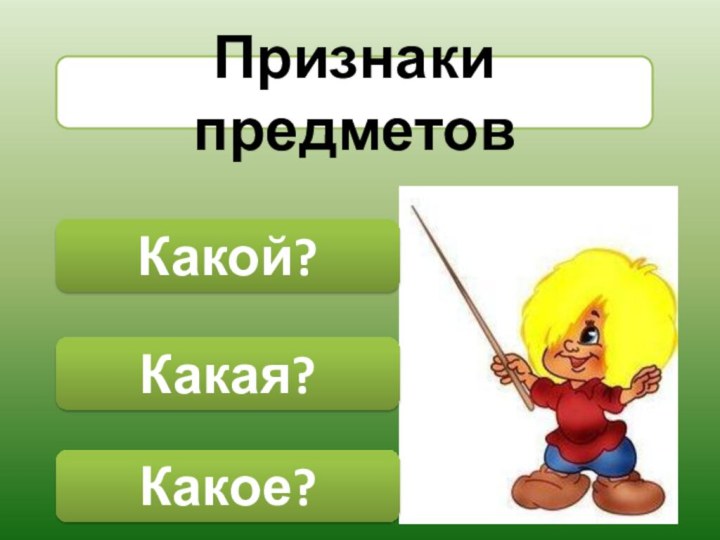 Какой?Признаки предметовКакая?Какое?