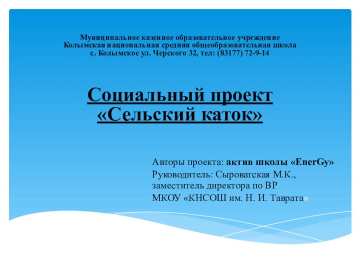 Авторы проекта: актив школы «EnerGy»Руководитель: Сыроватская М.К., заместитель директора по ВР МКОУ