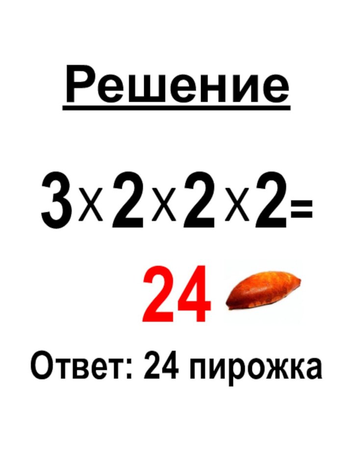 Решение  3 2 2 2= 24 Ответ: 24 пирожкаXXX