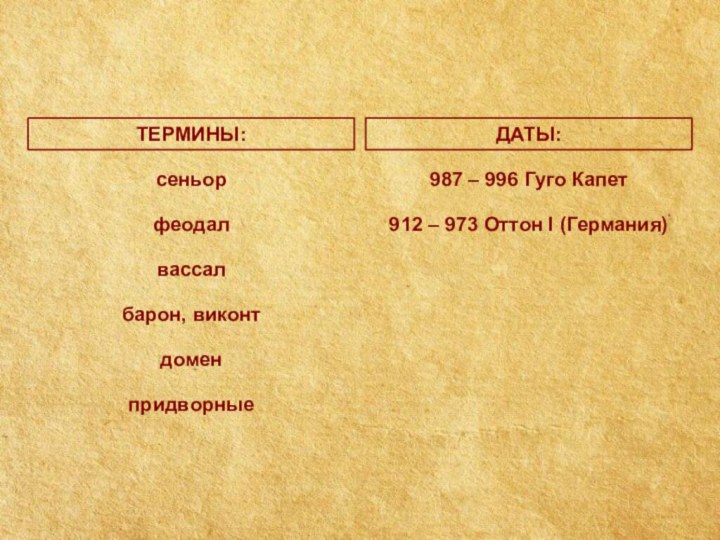 ТЕРМИНЫ:сеньорфеодалвассалбарон, виконтДАТЫ:987 – 996 Гуго Капет912 – 973 Оттон I (Германия)доменпридворные