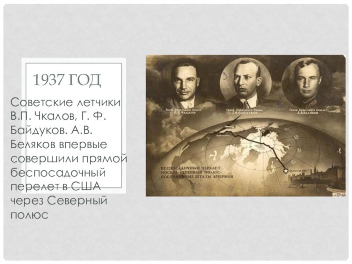 Советские летчики В.П. Чкалов, Г. Ф. Байдуков. А.В. Беляков впервые совершили