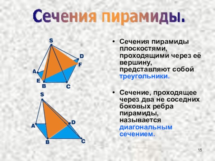 Сечения пирамиды плоскостями, проходящими через её вершину, представляют собой треугольники.Сечение, проходящее