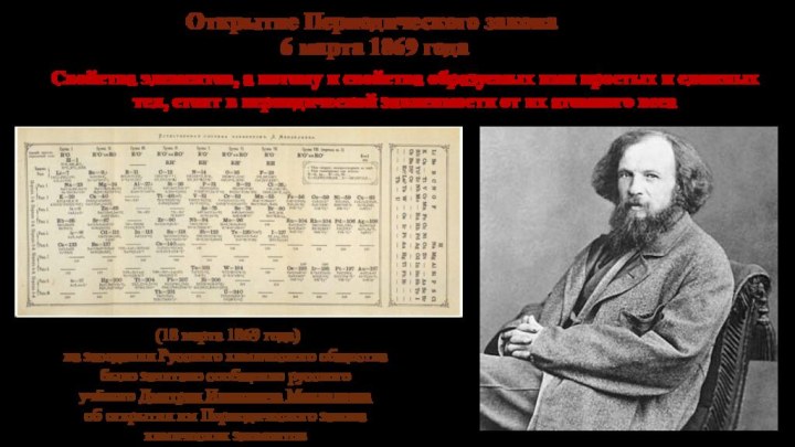 Открытие Периодического закона 6 марта 1869 года (18 марта 1869 года) на заседании Русского химического обществабыло