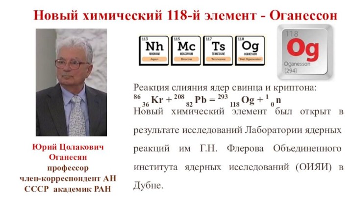 Новый химический 118-й элемент - ОганессонРеакция слияния ядер свинца и