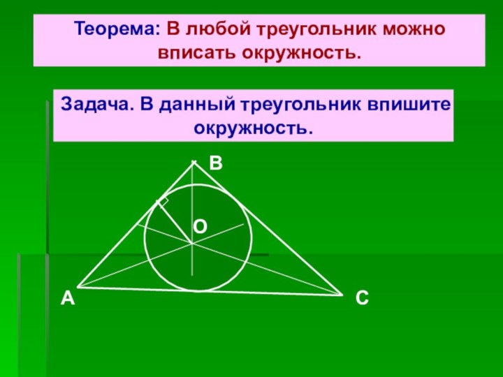 Теорема: В любой треугольник можно вписать окружность.Задача. В данный треугольник впишите окружность. АВСО