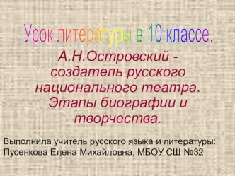 Презентация по литературе на тему: А.Н.Островсий - создатель русского национального театра.