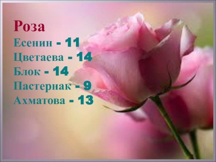 РозаЕсенин - 11Цветаева - 14Блок - 14Пастернак - 9Ахматова - 13