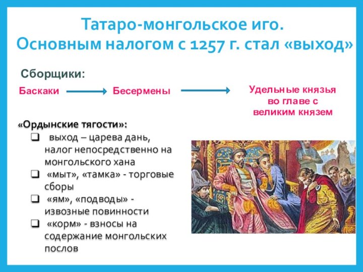 Татаро-монгольское иго. Основным налогом с 1257 г. стал «выход»Сборщики: Баскаки БесерменыУдельные