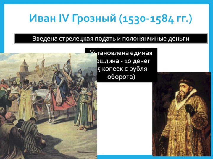 Иван IV Грозный (1530-1584 гг.) Введена стрелецкая подать и полонянчиные деньгиУстановлена