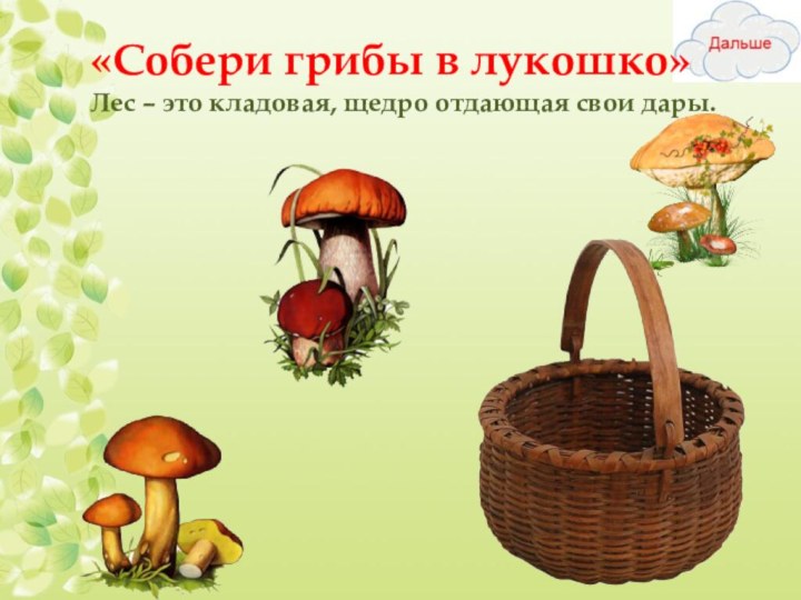 «Собери грибы в лукошко» Лес – это кладовая, щедро отдающая свои дары.