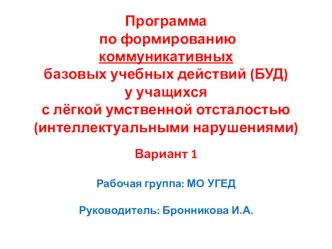 Презентация Программа формирования коммуникационных базовых учебных действий у учащихся с легкой умственной отсталостью (интеллектуальными нарушениями)