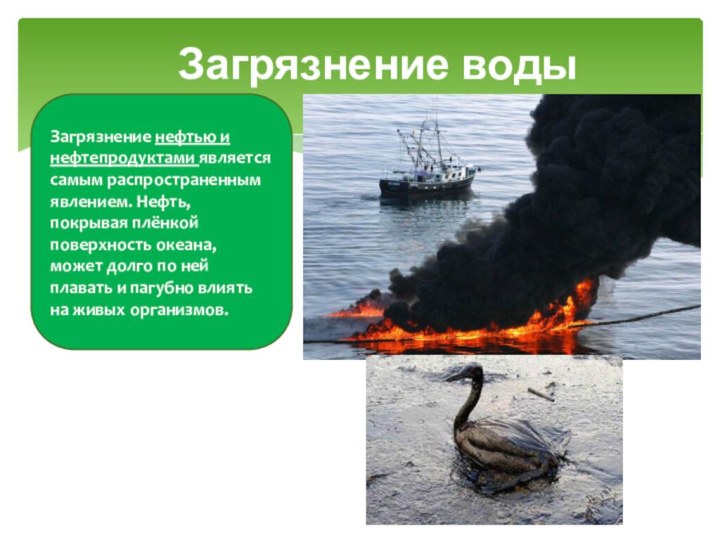 Загрязнение водыЗагрязнение нефтью и нефтепродуктами является самым распространенным явлением. Нефть, покрывая плёнкой