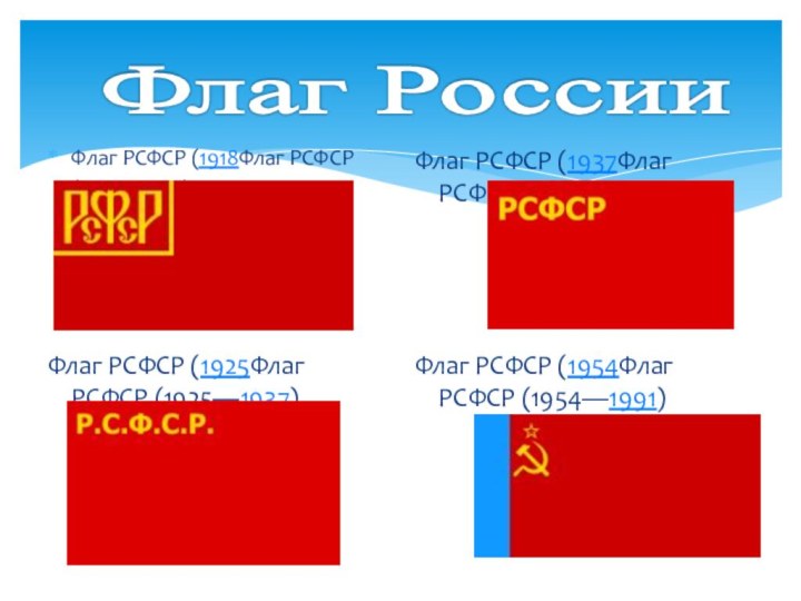 Флаг РСФСР (1918Флаг РСФСР (1918—1925) Флаг РСФСР (1937Флаг РСФСР (1937—1954) Флаг