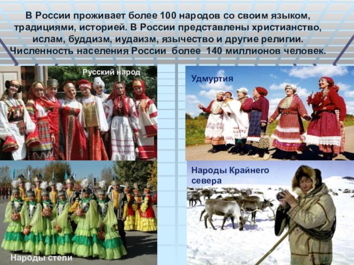 Русский народУдмуртияНароды степиНароды Крайнего севераВ России проживает более 100 народов со своим