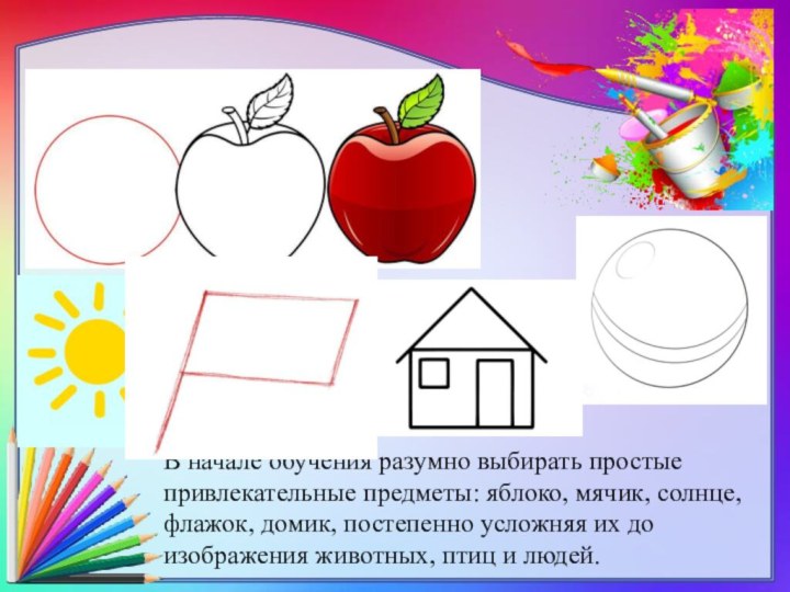 В начале обучения разумно выбирать простые привлекательные предметы: яблоко, мячик, солнце, флажок,
