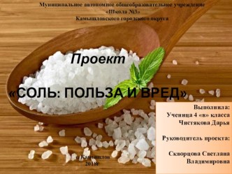 Презентация проектной работы Соль: польза и вред