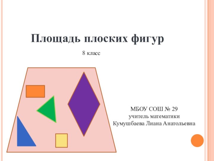 Площадь плоских фигур8 классМБОУ СОШ № 29учитель математикиКумушбаева Лиана Анатольевна