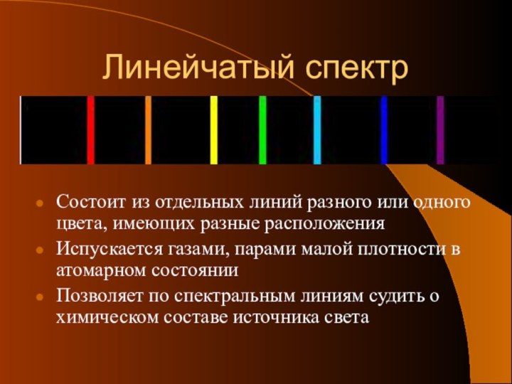 Линейчатый спектрСостоит из отдельных линий разного или одного цвета, имеющих разные