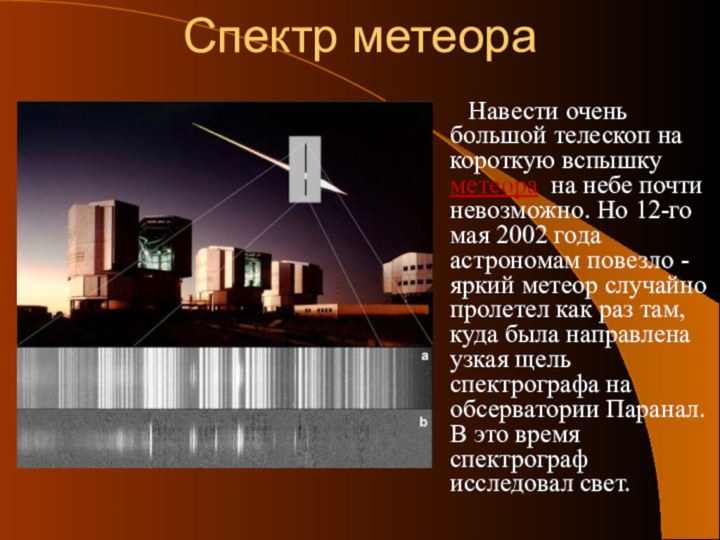 Спектр метеора   Навести очень большой телескоп на короткую вспышку
