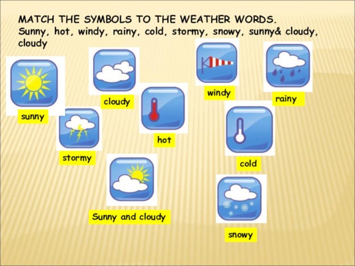 MATCH THE SYMBOLS TO THE WEATHER WORDS.Sunny, hot, windy, rainy, cold, stormy,